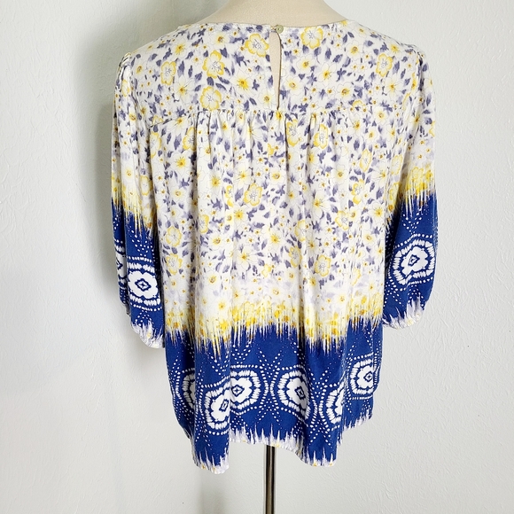 Figueroa & Flower Floral Blue & Yellow  Boho Top, Size Large - Picture 7 of 10